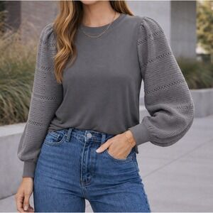 Splendid Crochet Puff Sleeve Sweatshirt Top Boho MEDIUM